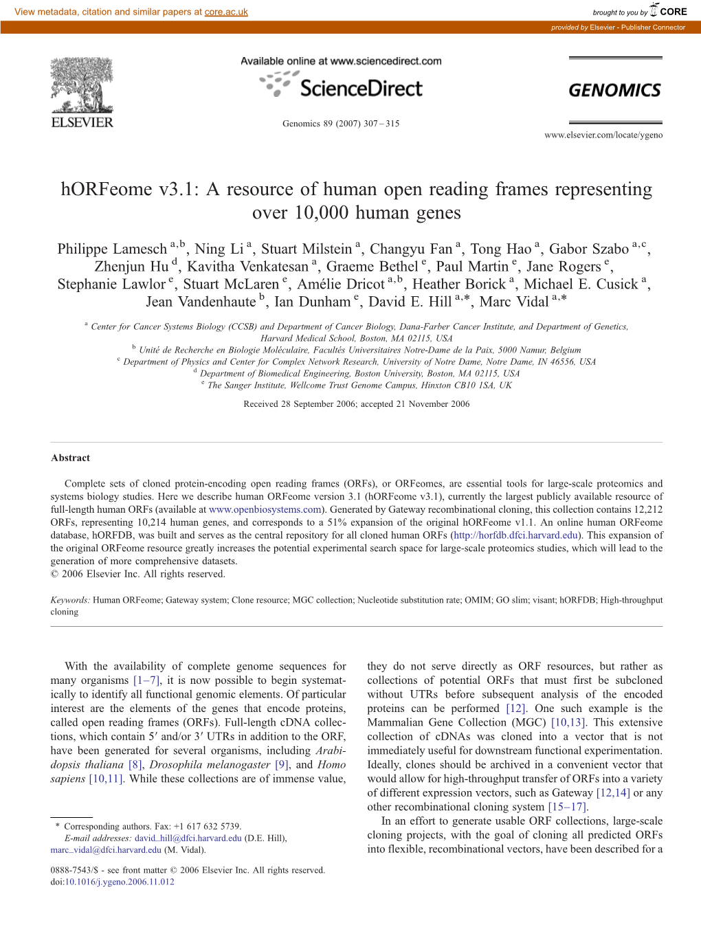 Horfeome V3.1: a Resource of Human Open Reading Frames Representing Over 10,000 Human Genes