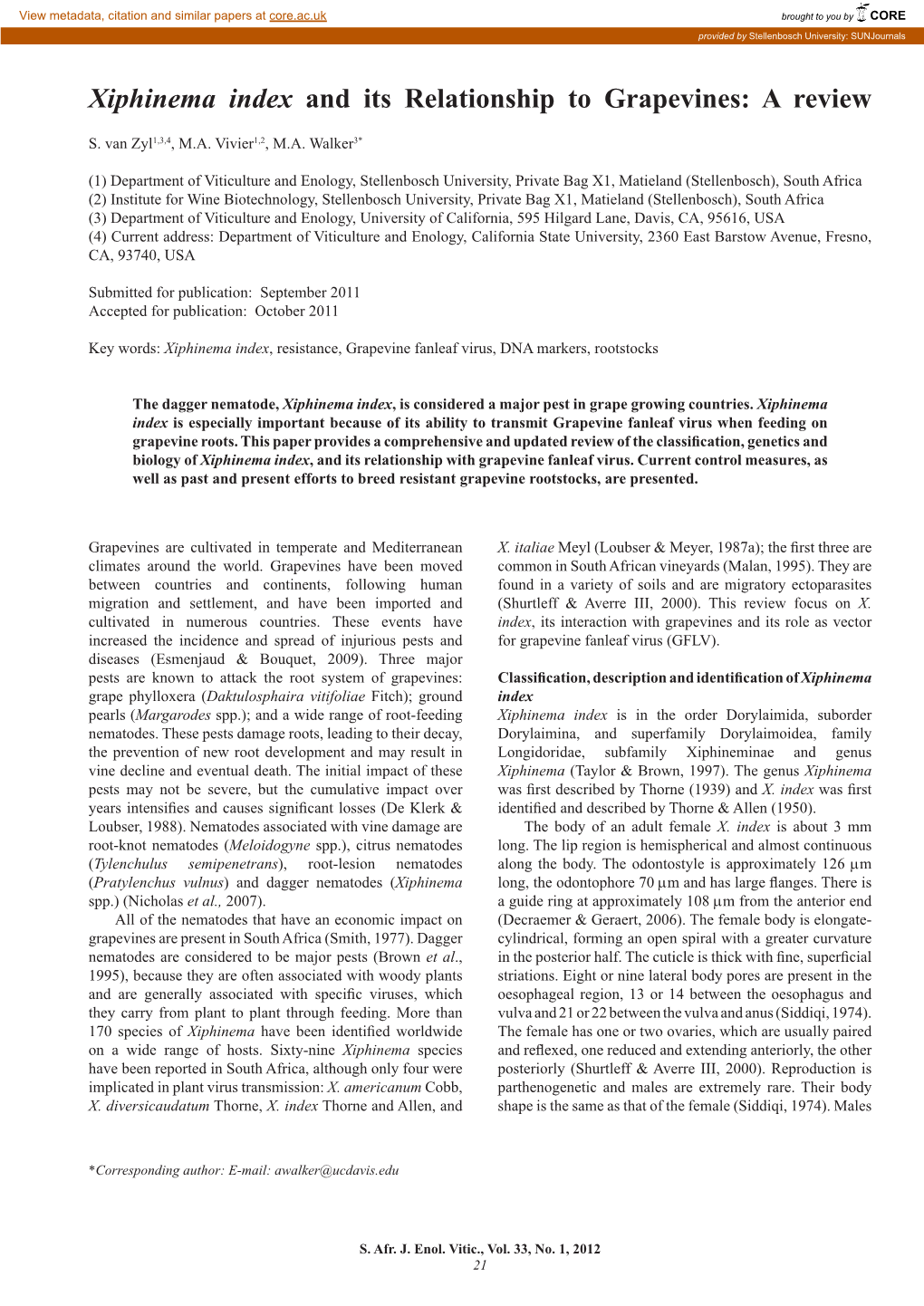 Xiphinema Index and Its Relationship to Grapevines: a Review