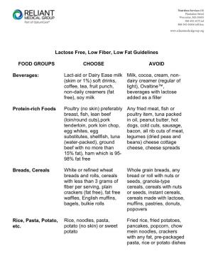 Lactose Free, Low Fiber, Low Fat Guidelines