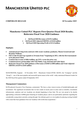 Manchester United Plc 1Q20 Earnings Release