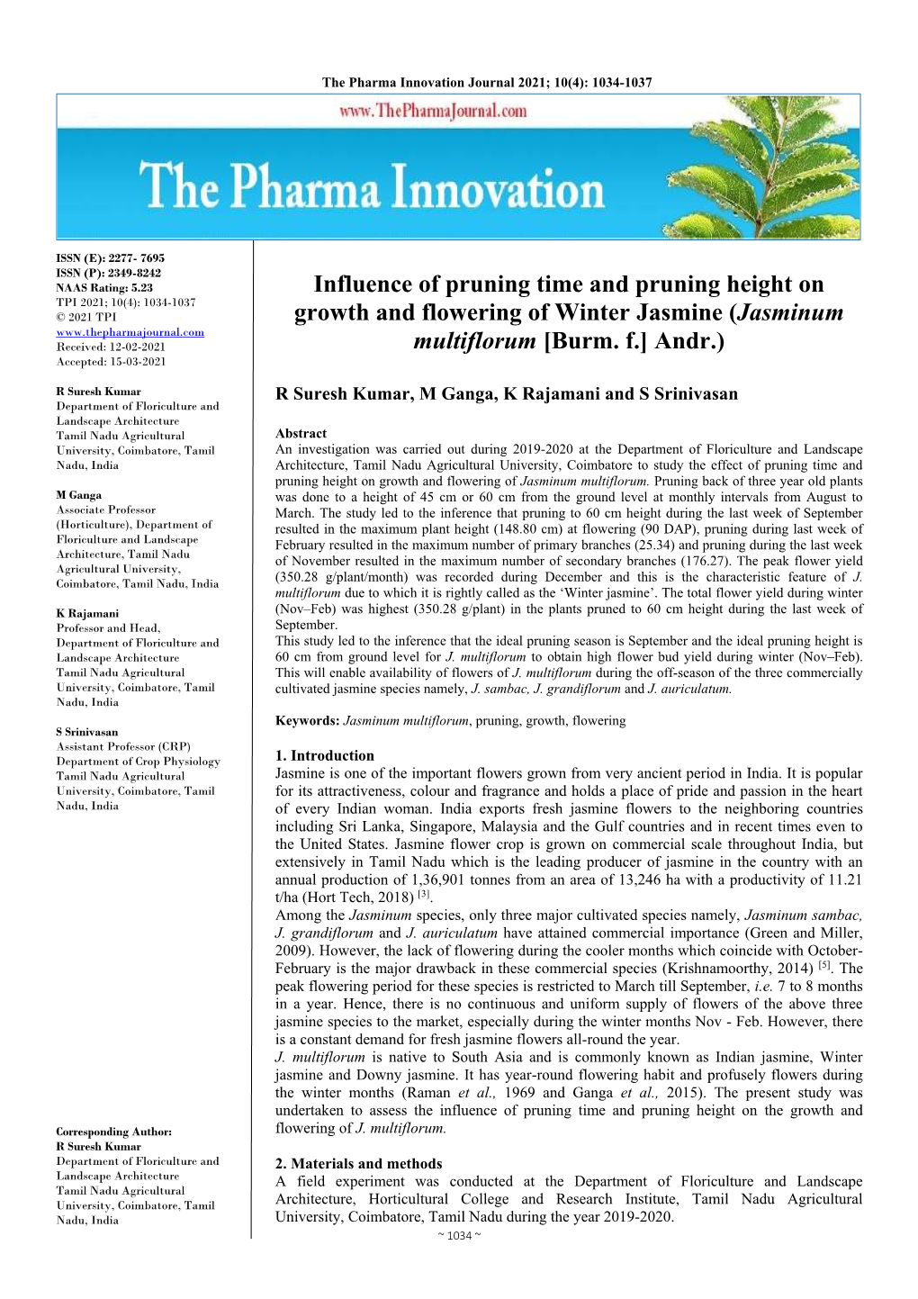 Influence of Pruning Time and Pruning Height On