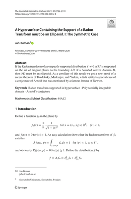 A Hypersurface Containing the Support of a Radon Transform Must Be an Ellipsoid