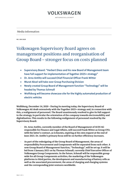 Volkswagen Supervisory Board Agrees on Management Positions and Reorganisation of Group Board – Stronger Focus on Costs Planned