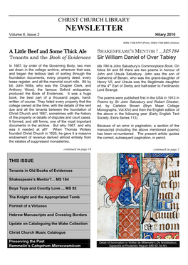 CHRIST CHURCH LIBRARY NEWSLETTER Volume 6, Issue 2 Hilary 2010
