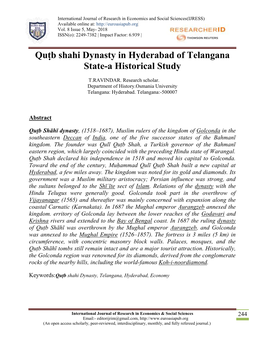 Quṭb Shahi Dynasty in Hyderabad of Telangana State-A Historical Study