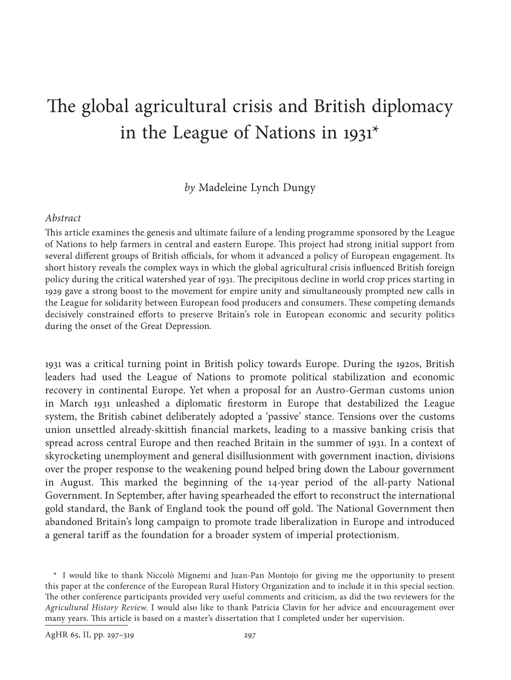 The Global Agricultural Crisis and British Diplomacy in the League of Nations in 1931*