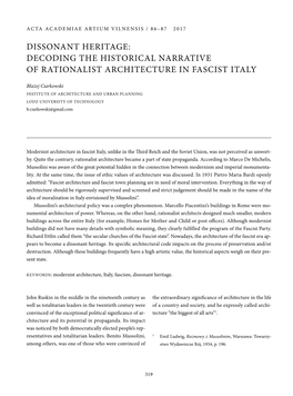Dissonant Heritage: Decoding the Historical Narrative of Rationalist Architecture in Fascist Italy