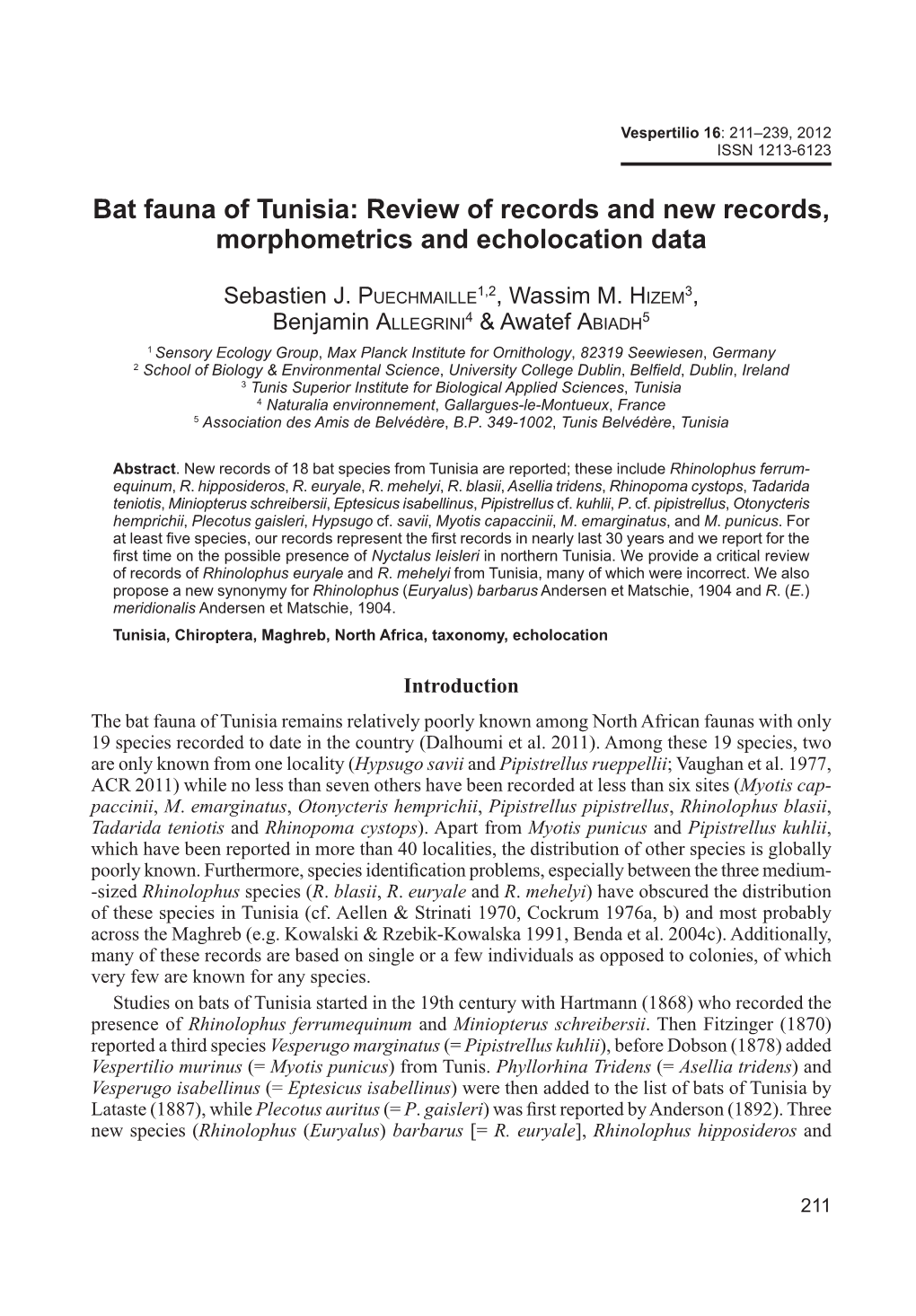 Bat Fauna of Tunisia: Review of Records and New Records, Morphometrics and Echolocation Data