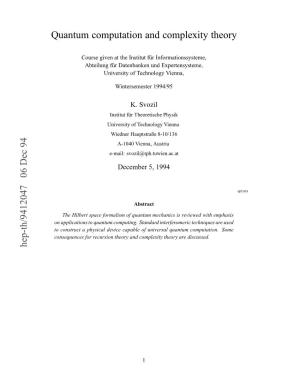 Quantum Computation and Complexity Theory
