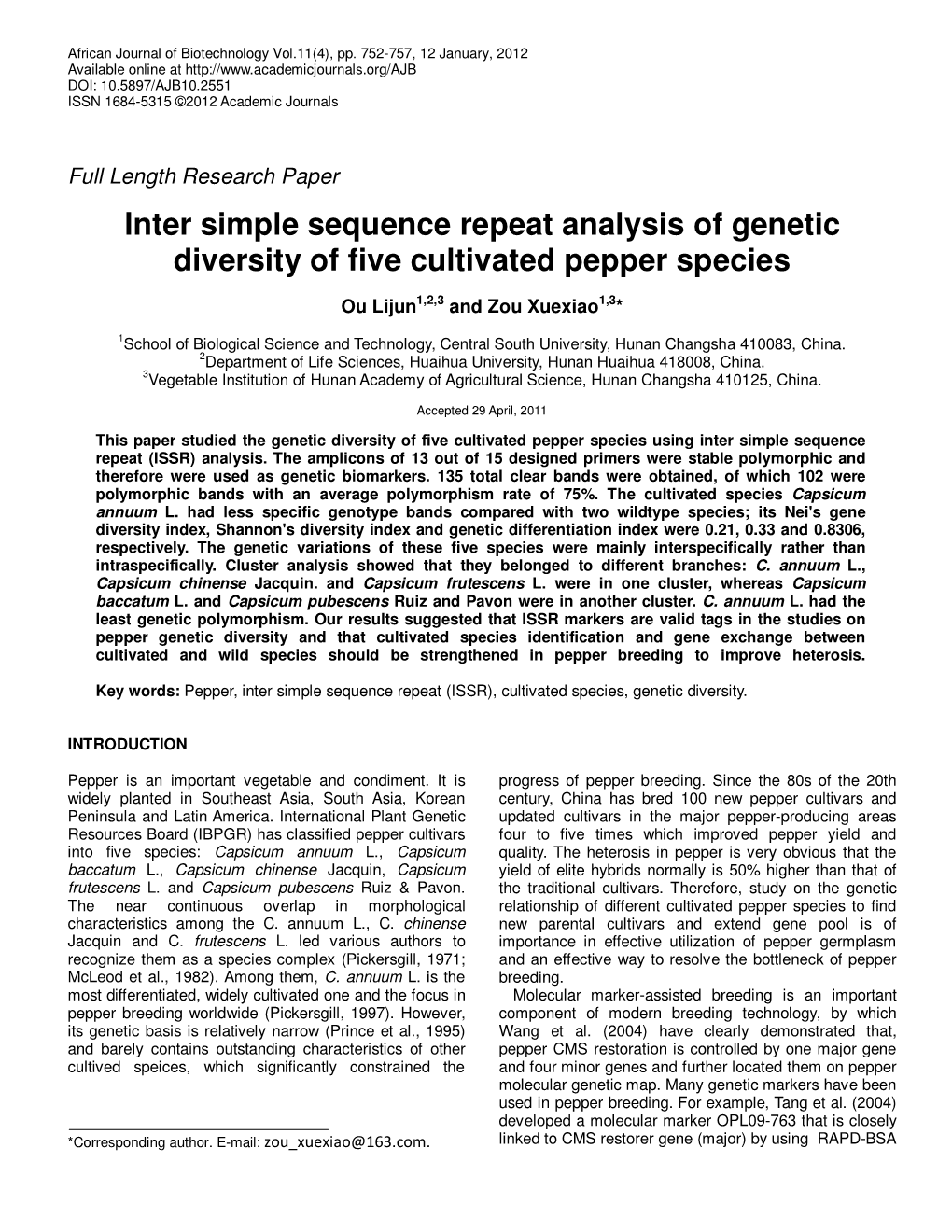 Inter Simple Sequence Repeat Analysis of Genetic Diversity of Five Cultivated Pepper Species