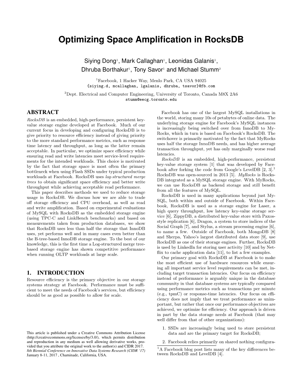 Optimizing Space Amplification in Rocksdb