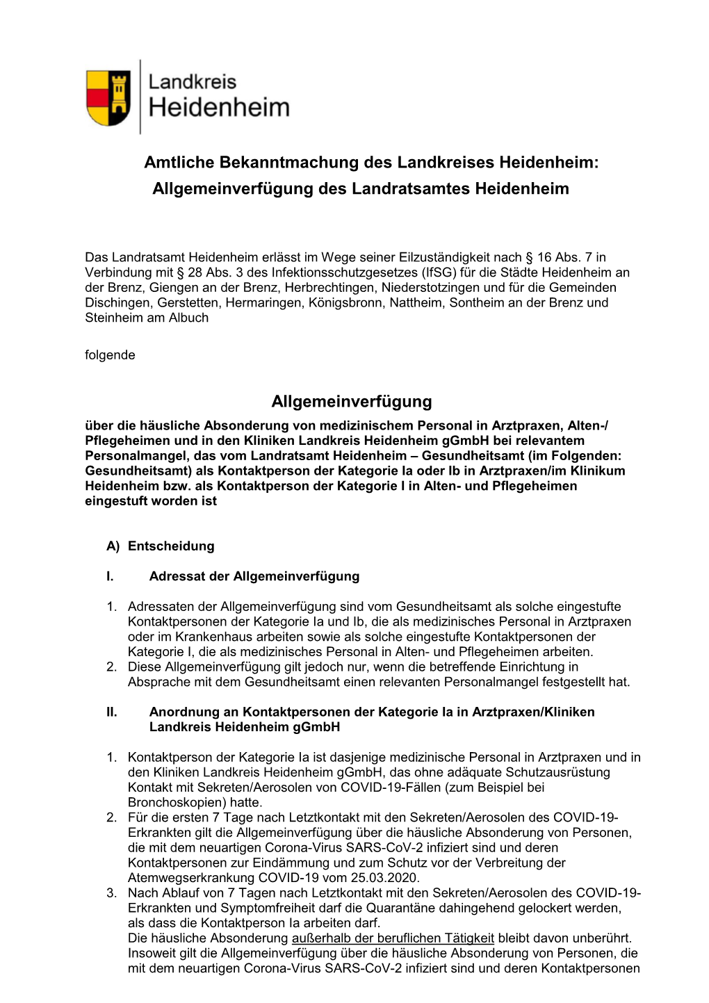 Amtliche Bekanntmachung Des Landkreises Heidenheim: Allgemeinverfügung Des Landratsamtes Heidenheim