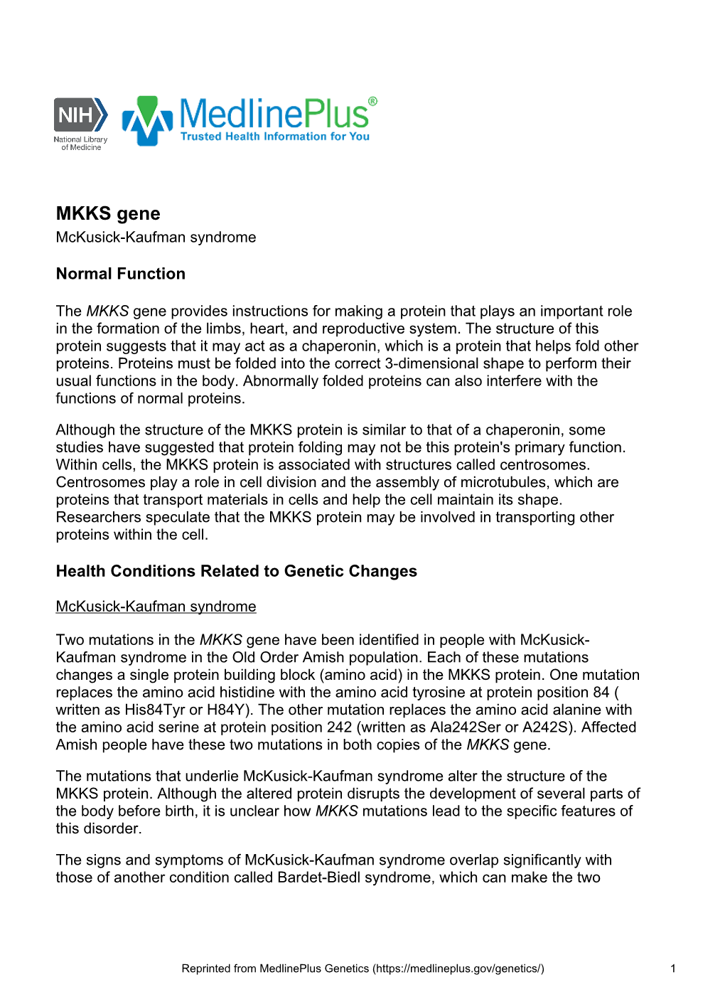 MKKS Gene Mckusick-Kaufman Syndrome