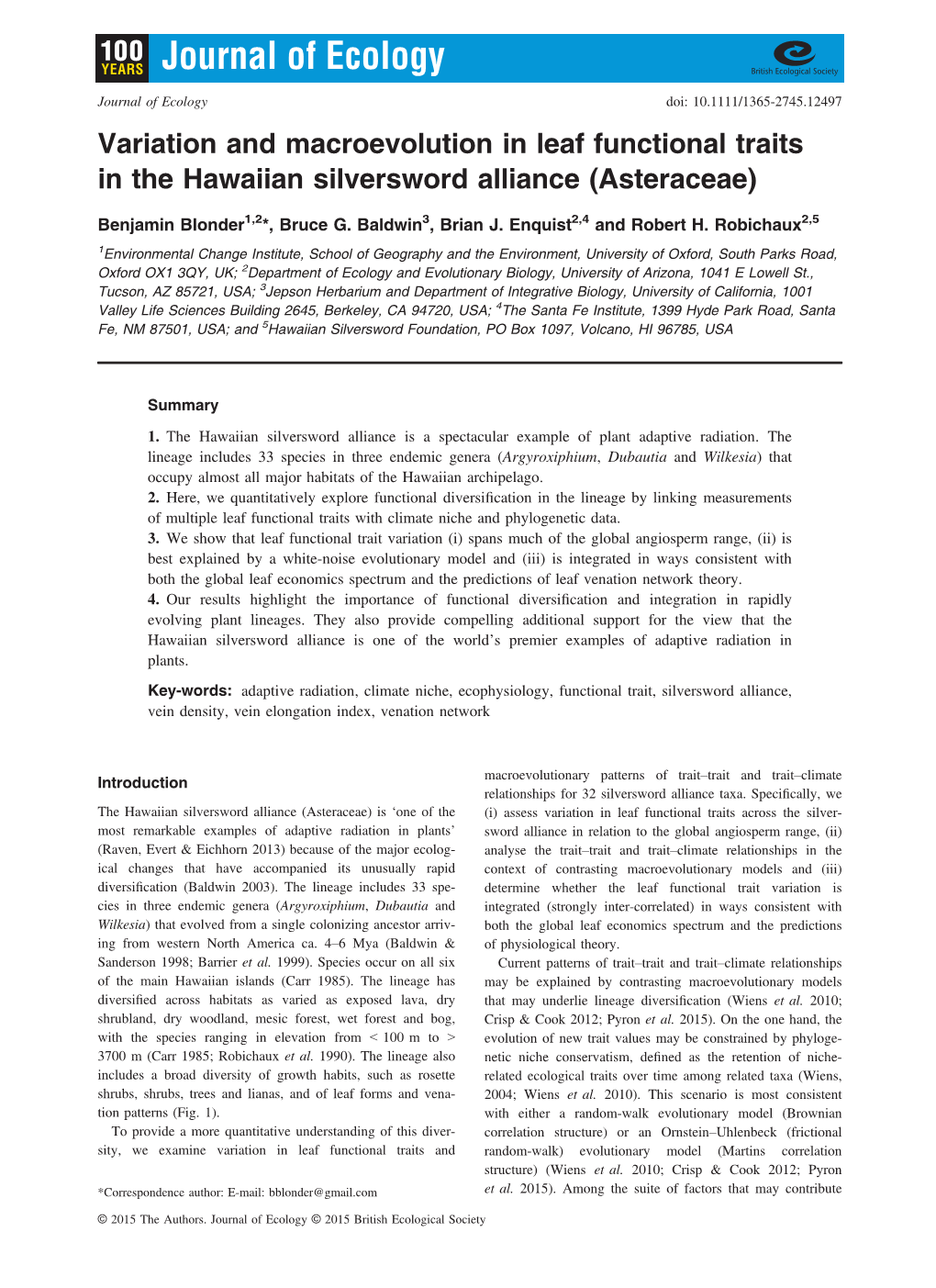 Variation and Macroevolution in Leaf Functional Traits in the Hawaiian Silversword Alliance (Asteraceae)