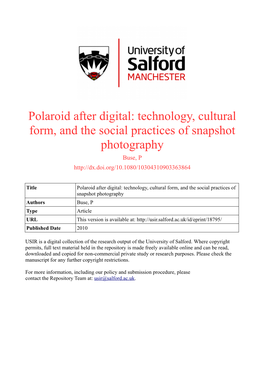 Polaroid After Digital: Technology, Cultural Form, and the Social Practices of Snapshot Photography Buse, P