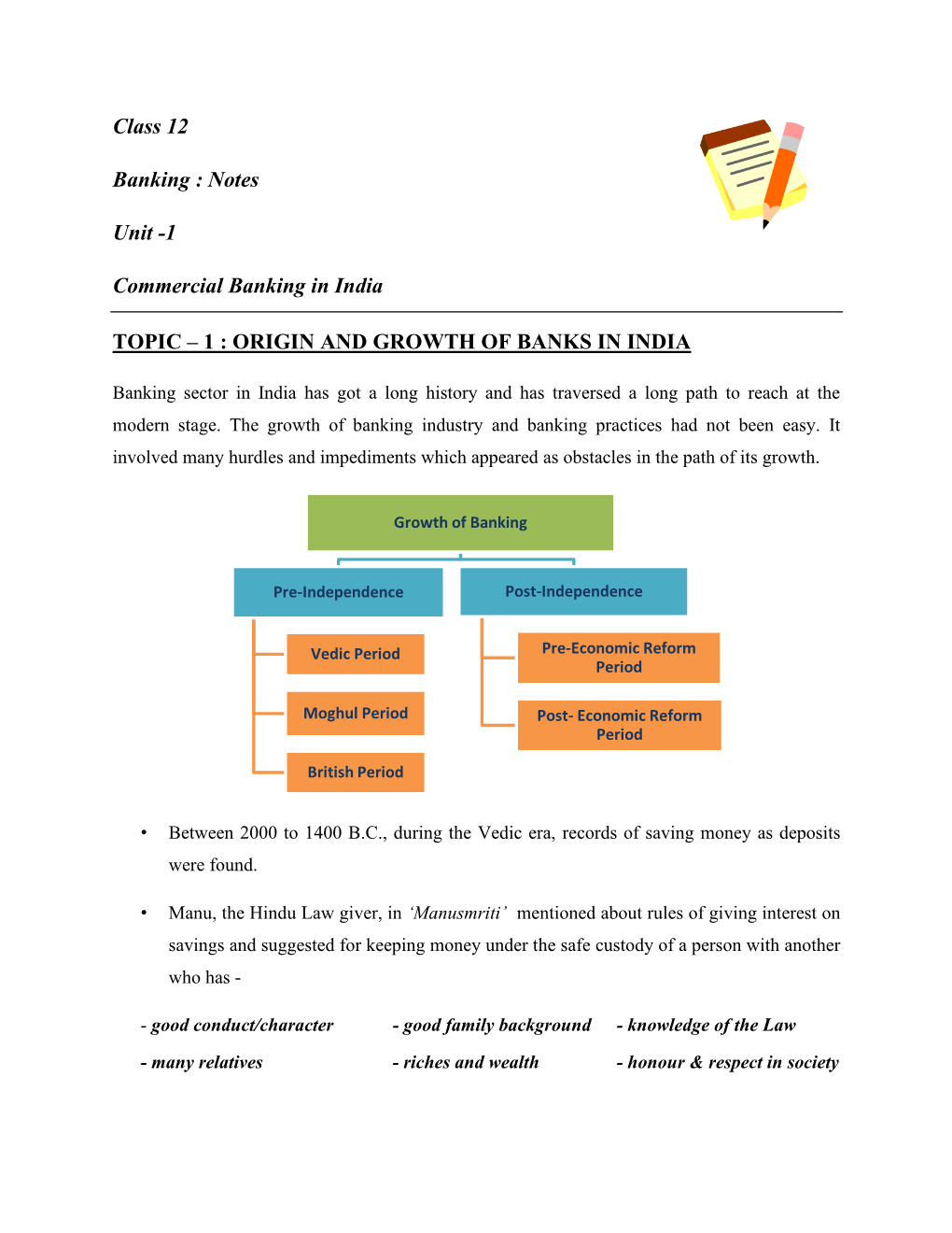 Class 12 Banking : Notes Unit -1 Commercial Banking in India TOPIC