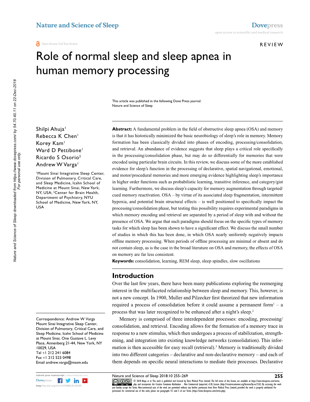 Role of Normal Sleep and Sleep Apnea in Human Memory Processing