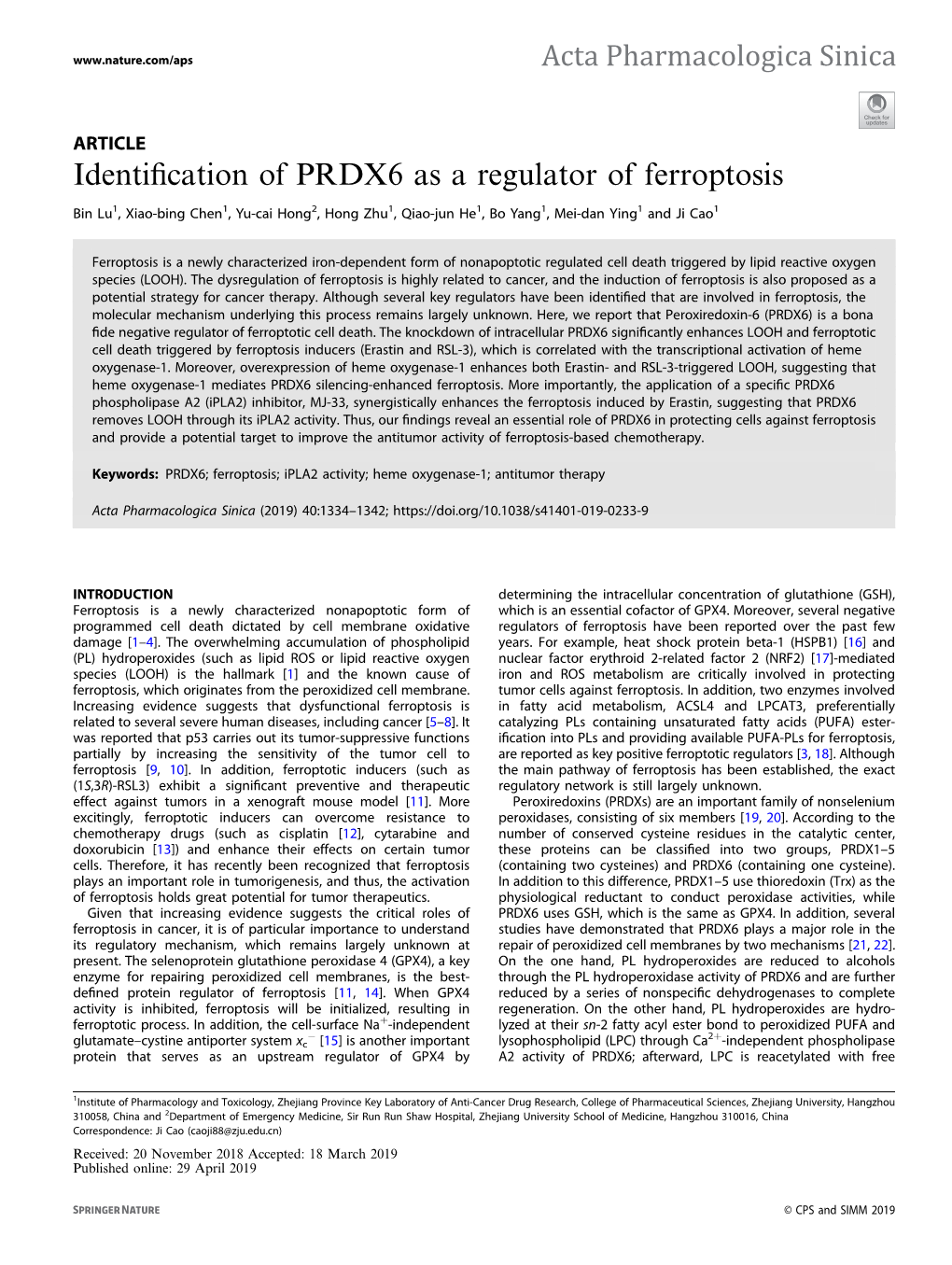 Identification of PRDX6 As a Regulator of Ferroptosis