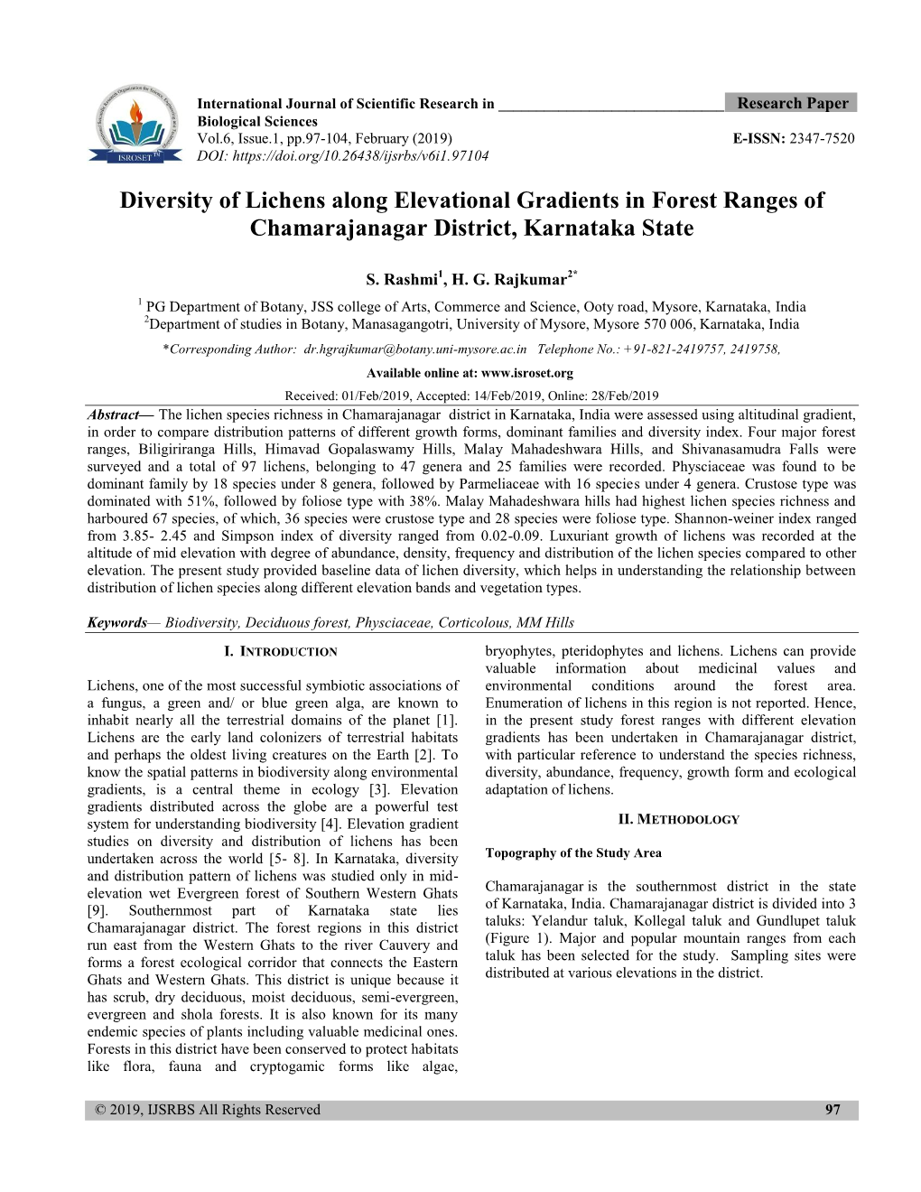 Diversity of Lichens Along Elevational Gradients in Forest Ranges of Chamarajanagar District, Karnataka State