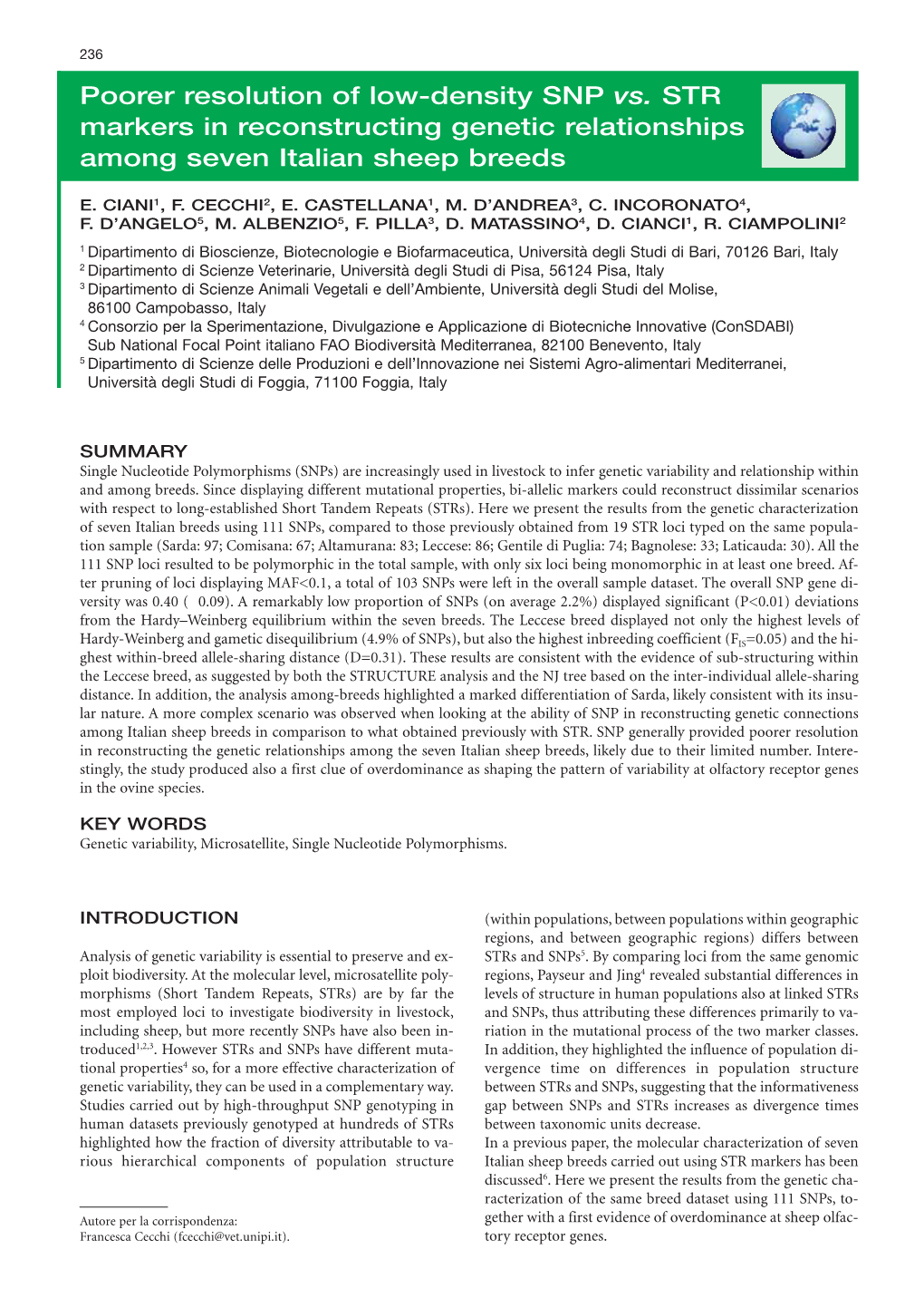 Poorer Resolution of Low-Density SNP Vs. STR Markers in Reconstructing Genetic Relationships Among Seven Italian Sheep Breeds