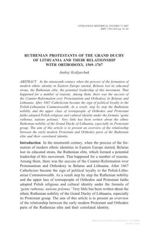 Ruthenian Protestants of the Grand Duchy of Lithuania and Their Relationship with Orthodoxy, 1569–1