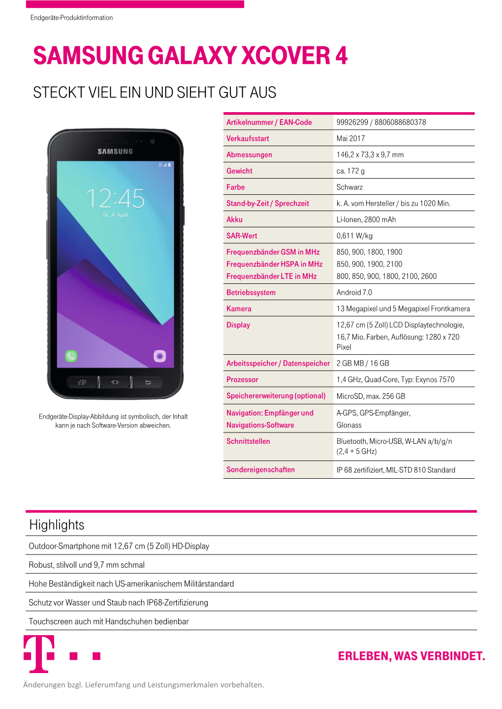 Produktinformation Samsung Galaxy Xcover 4 Schwarz