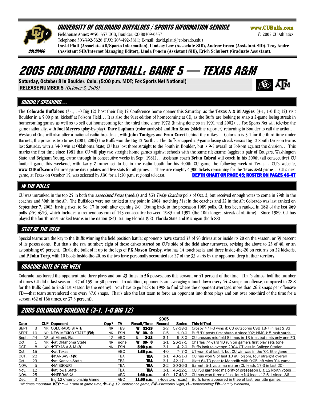 2005 COLORADO Football: GAME 5 — TEXAS A&M Saturday, October 8 in Boulder, Colo