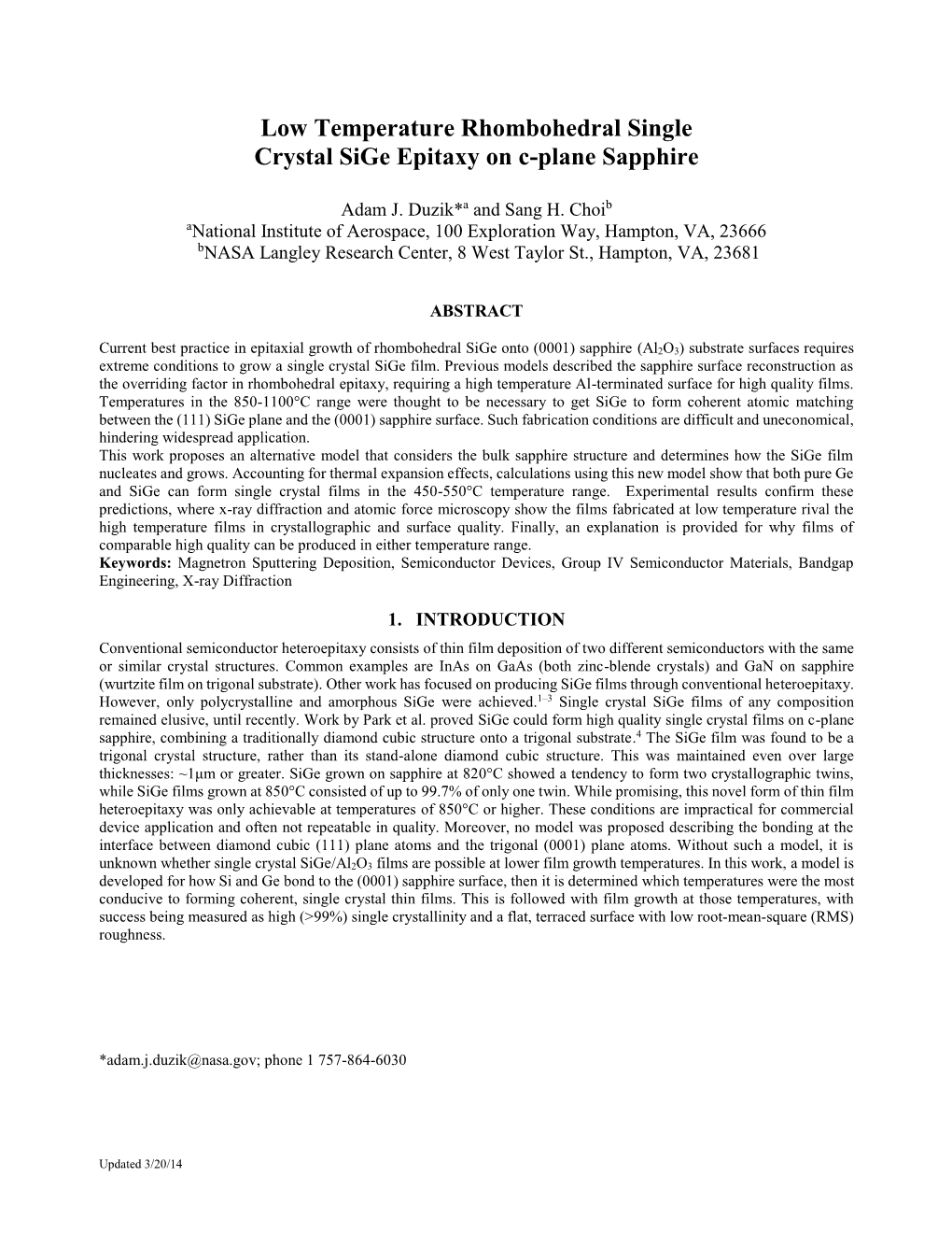 Low Temperature Rhombohedral Single Crystal Sige Epitaxy on C-Plane Sapphire