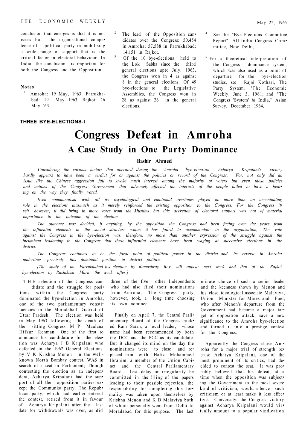 Congress Defeat in Amroha a Case Study in One Party Dominance Bashir Ahmed Considering the Various Factors That Operated During the Amroha Bye-Election