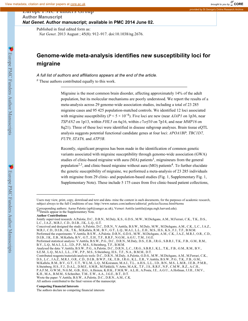 Genome-Wide Meta-Analysis Identifies New Susceptibility Loci for Migraine