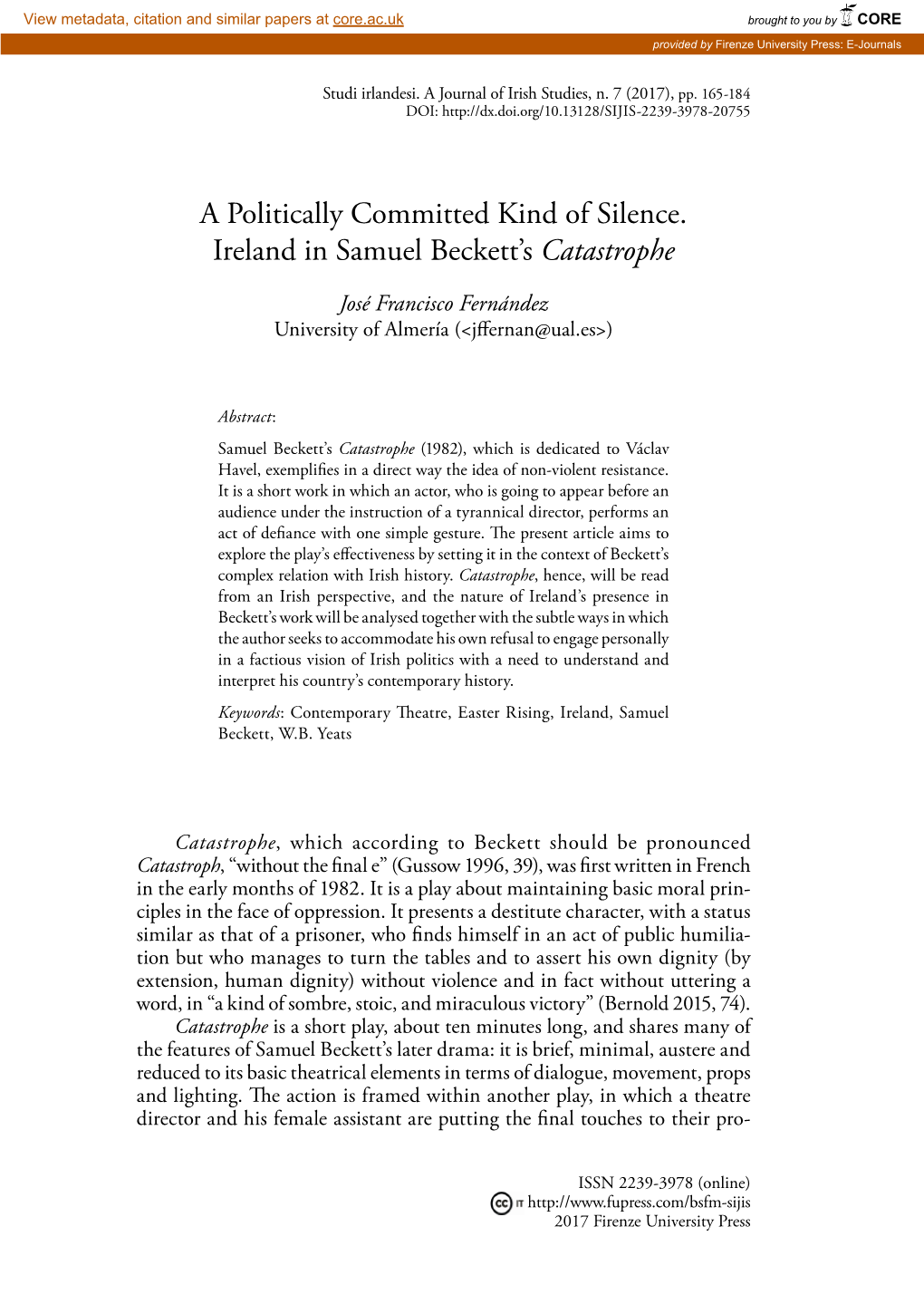 A Politically Committed Kind of Silence. Ireland in Samuel Beckett's