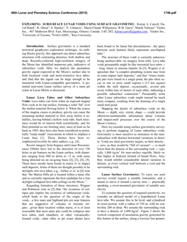 EXPLORING SUBSURFACE LUNAR VOIDS USING SURFACE GRAVIMETRY. Kieran A. Carroll, Da- Vid Hatch2, R. Ghent3, S. Stanley3, N. Urbancic3, Marie-Claude Williamson, W.B