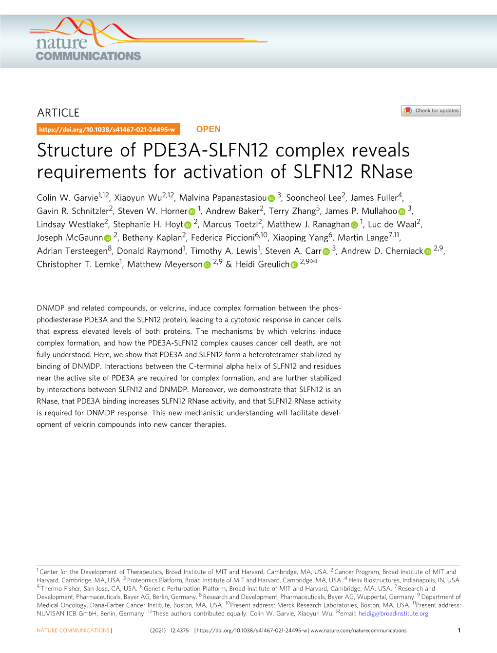 Structure of PDE3A-SLFN12 Complex Reveals Requirements for Activation of SLFN12 Rnase