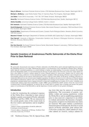 Genetic Inventory of Anadromous Pacific Salmonids of the Elwha River Prior to Dam Removal
