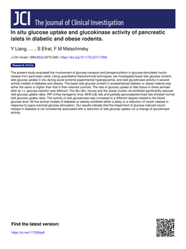 In Situ Glucose Uptake and Glucokinase Activity of Pancreatic Islets in Diabetic and Obese Rodents
