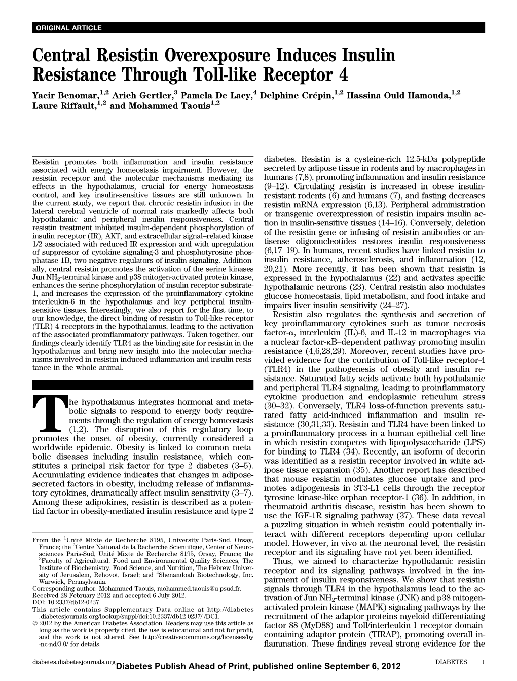 Central Resistin Overexposure Induces Insulin Resistance Through Toll-Like Receptor 4