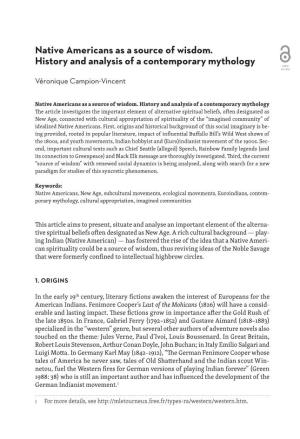 Native Americans As a Source of Wisdom. History and Analysis of a Contemporary Mythology OPEN ACCESS Véronique Campion-Vincent