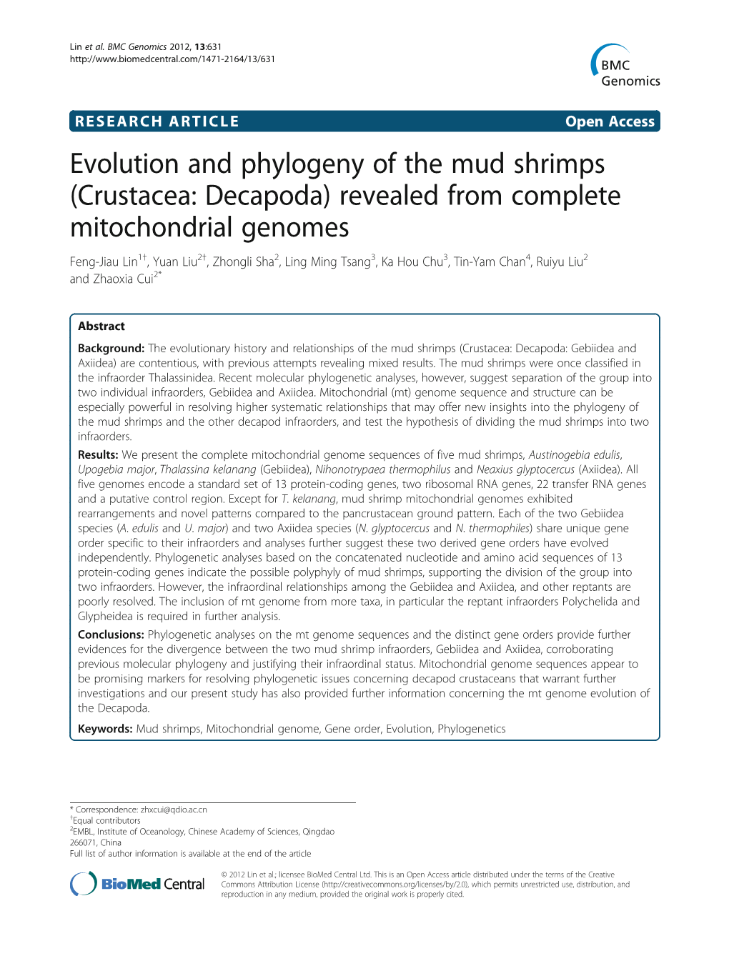 Revealed from Complete Mitochondrial Genomes Feng-Jiau Lin1†, Yuan Liu2†, Zhongli Sha2, Ling Ming Tsang3, Ka Hou Chu3, Tin-Yam Chan4, Ruiyu Liu2 and Zhaoxia Cui2*