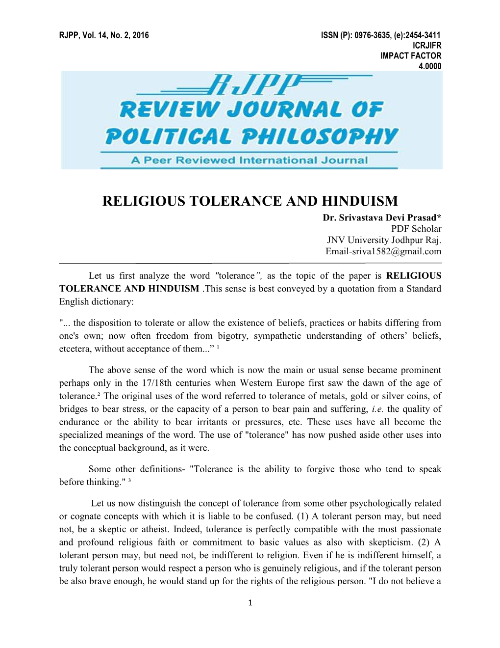 RELIGIOUS TOLERANCE and HINDUISM Dr