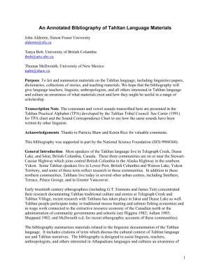 Bibliography of Tahltan Language Materials