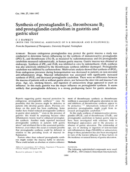 Synthesis of Prostaglandin E2, Thromboxane B2 and Prostaglandin Catabolism in Gastritis and Gastric Ulcer