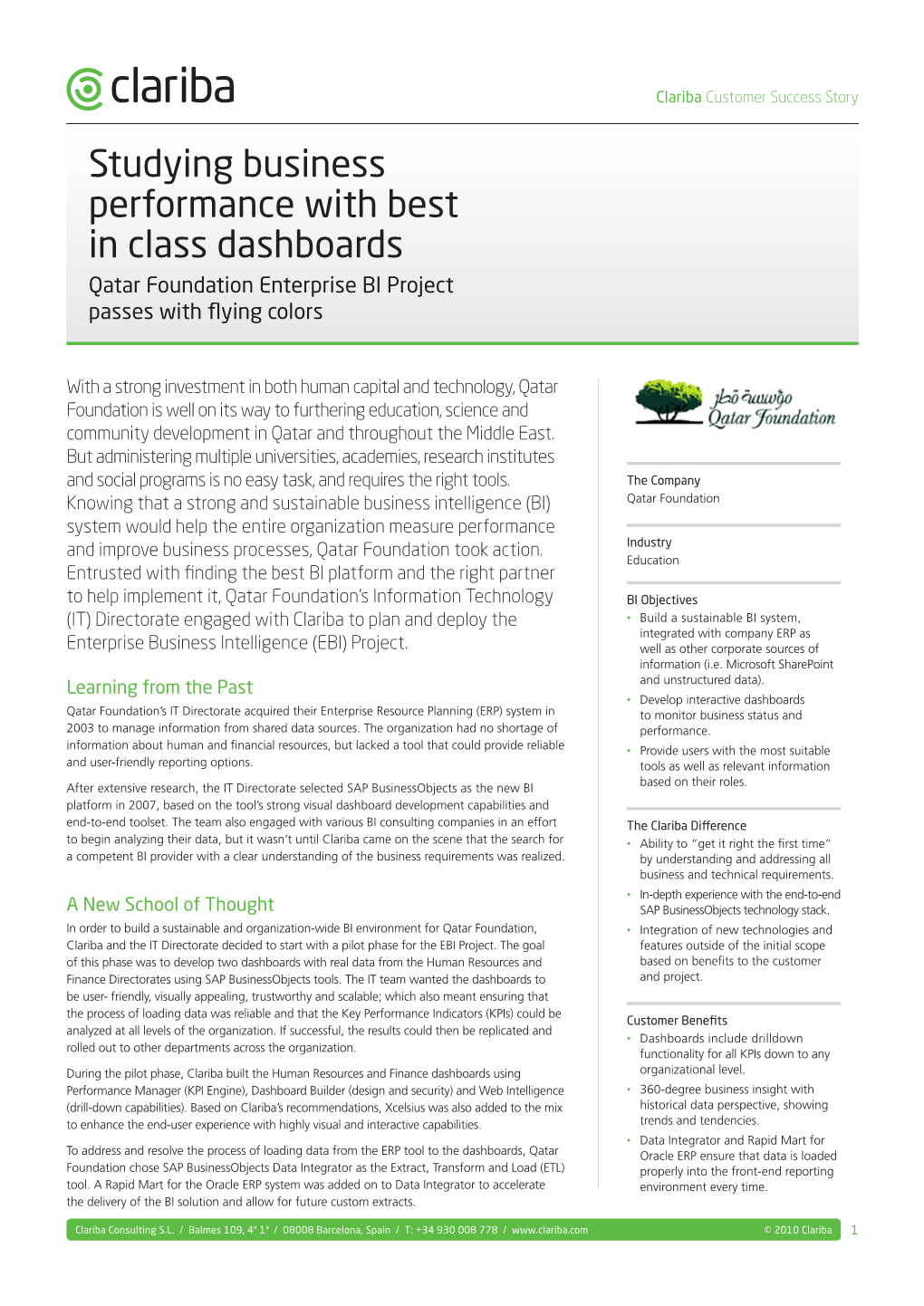 Studying Business Performance with Best in Class Dashboards Qatar Foundation Enterprise BI Project Passes with Flying Colors