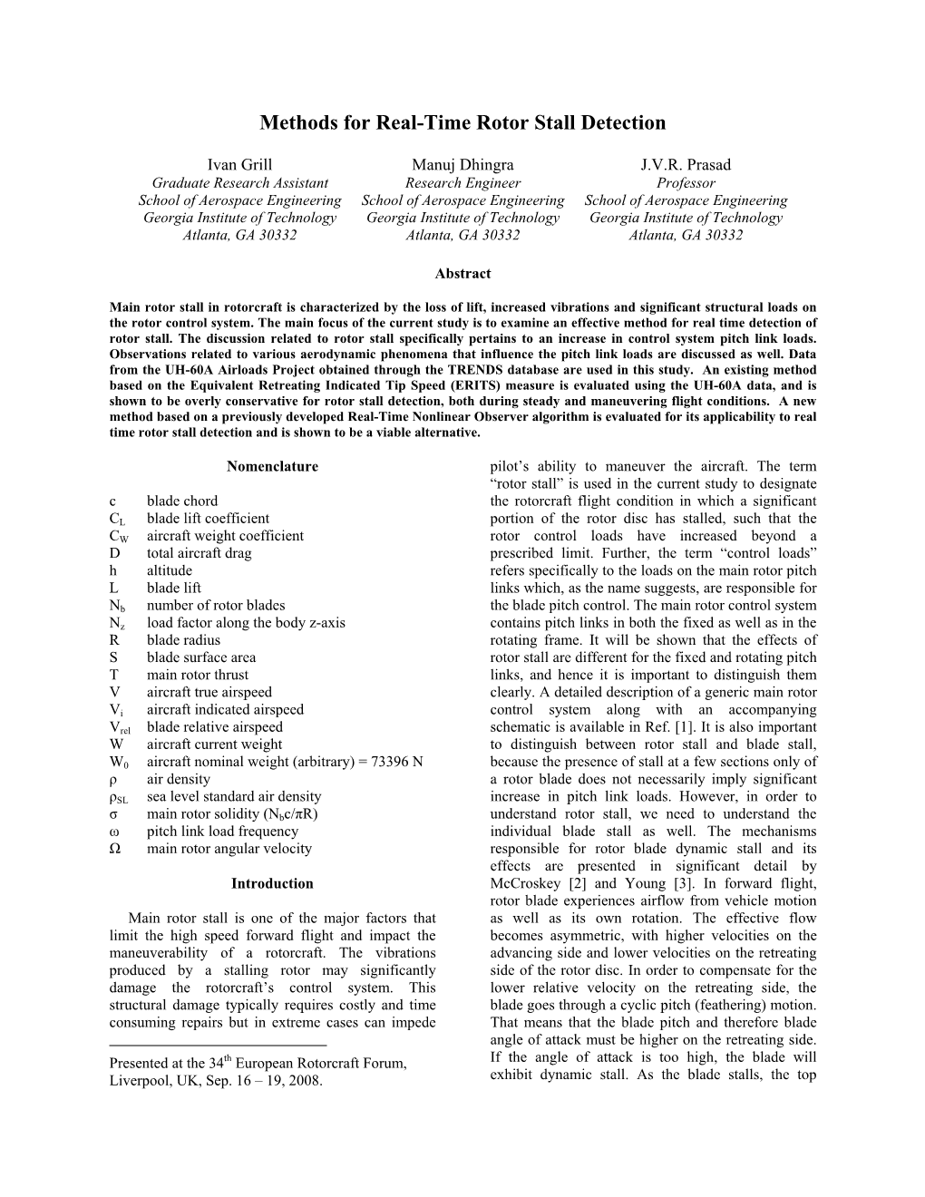 Methods for Real-Time Rotor Stall Detection