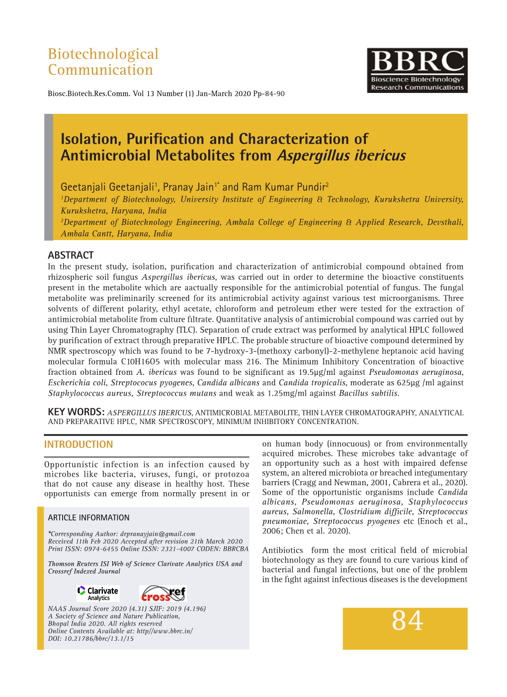 Isolation, Purification and Characterization of Antimicrobial Metabolites from Aspergillus Ibericus