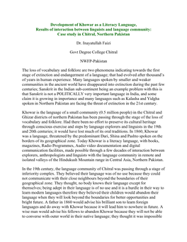 Development of Khowar As a Literacy Language, Results of Interaction Between Linguists and Language Community: Case Study in Chitral, Northern Pakistan