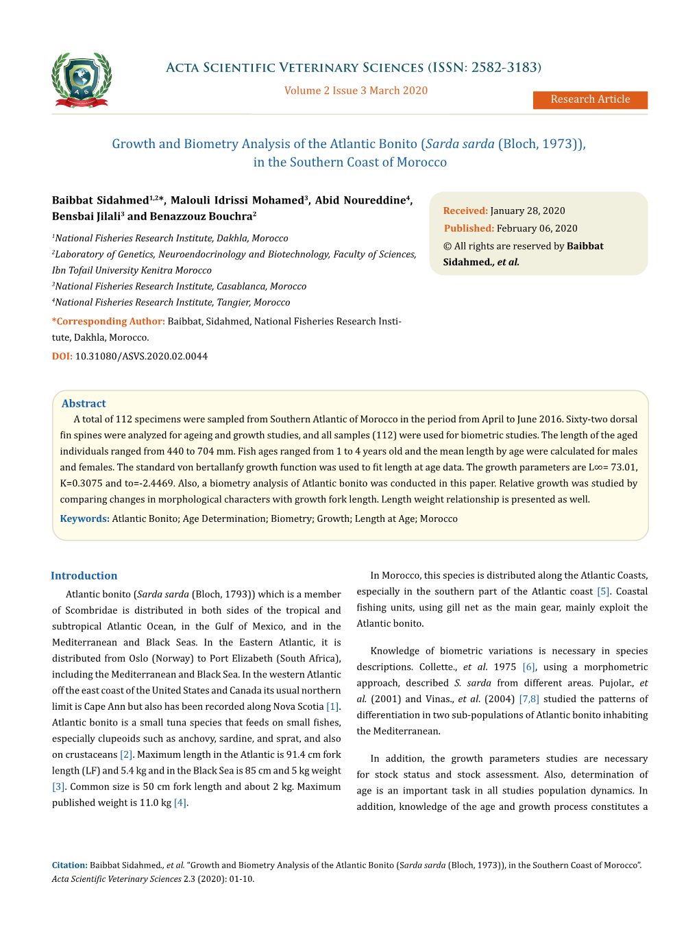 Growth and Biometry Analysis of the Atlantic Bonito (Sarda Sarda (Bloch, 1973)), in the Southern Coast of Morocco