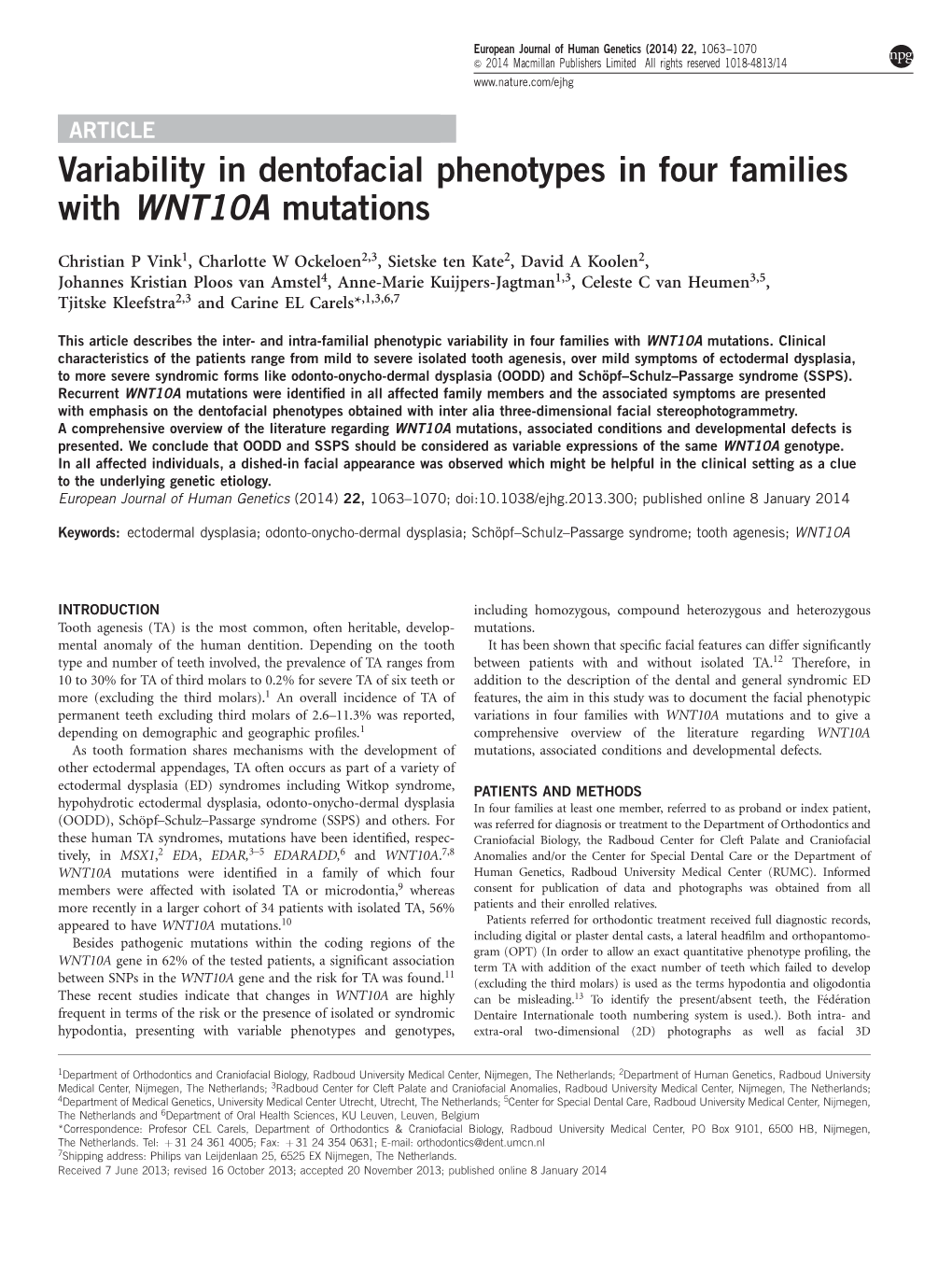 Variability in Dentofacial Phenotypes in Four Families with WNT10A Mutations