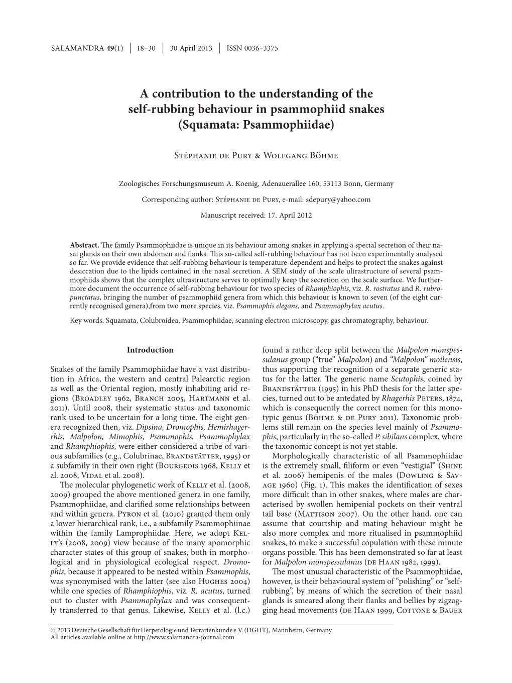 A Contribution to the Understanding of the Self-Rubbing Behaviour in Psammophiid Snakes (Squamata: Psammophiidae)