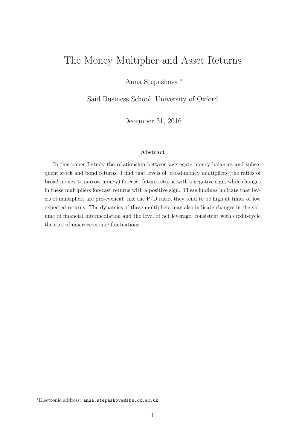 The Money Multiplier and Asset Returns