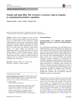 Female and Male Blue Tits (Cyanistes Caeruleus) Sing in Response to Experimental Predator Exposition